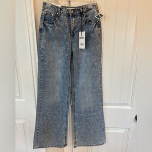 OAT New York Womens 2/26Heart Rhinestone Denim Wide Leg Jeans Blue High Waist